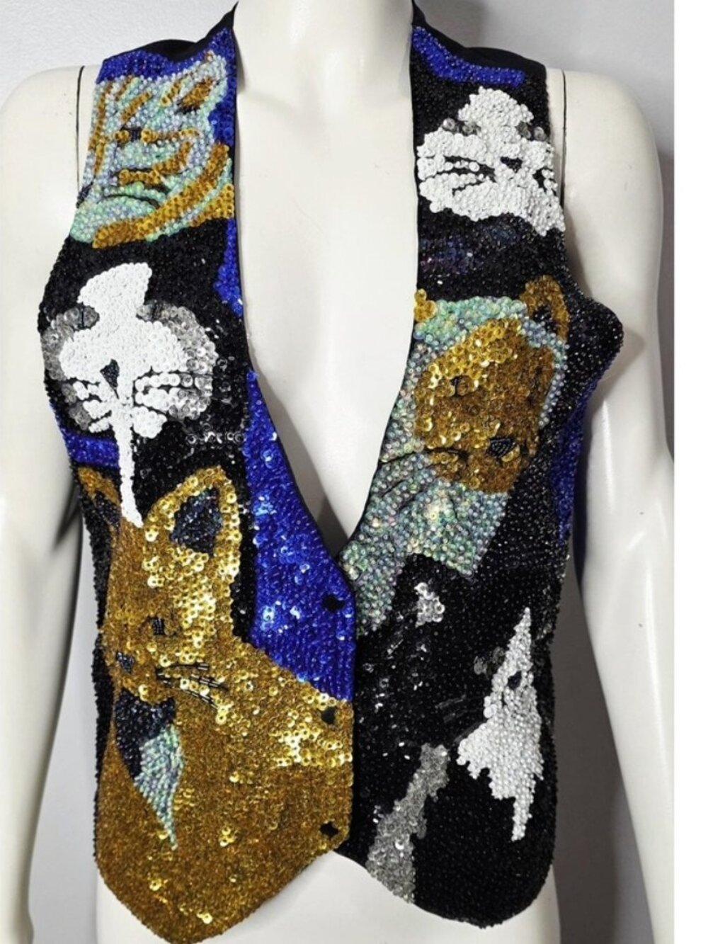 Vintage Sequined & Beaded Novelty Cat Vest